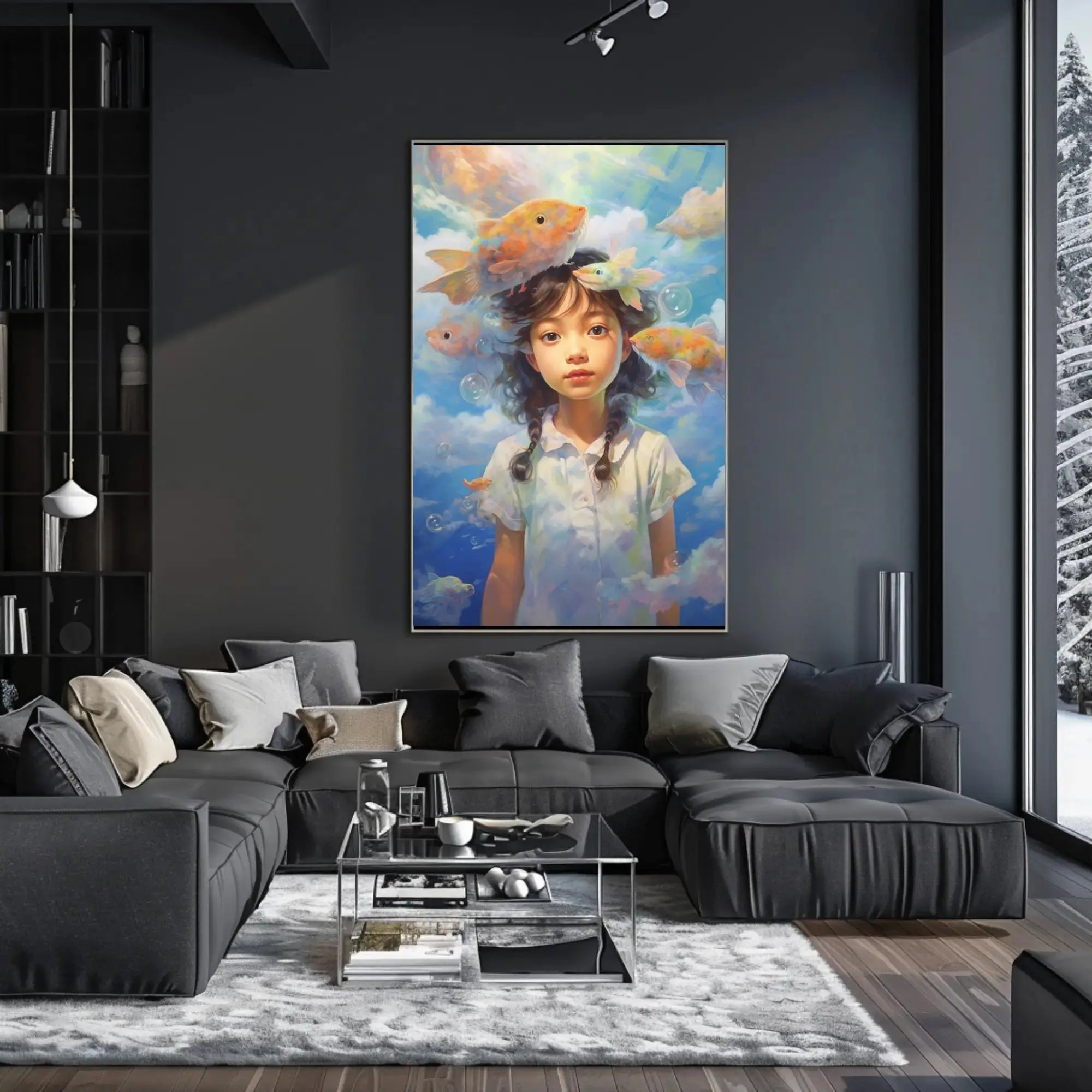 Dreamy Fish & Girl Fantasy Landscape Artistic Poster PosterGoat