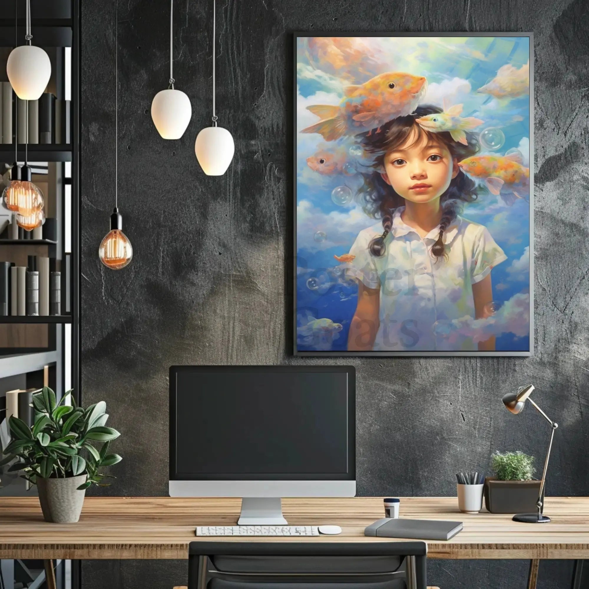 Dreamy Fish & Girl Fantasy Landscape Artistic Poster PosterGoat