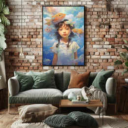 Dreamy Fish & Girl Fantasy Landscape Artistic Poster PosterGoat