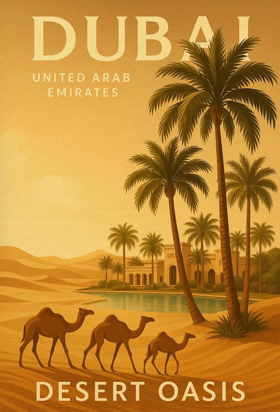 Dubai Desert Oasis Travel Illustration, Vintage Travel Poster PosterGoat
