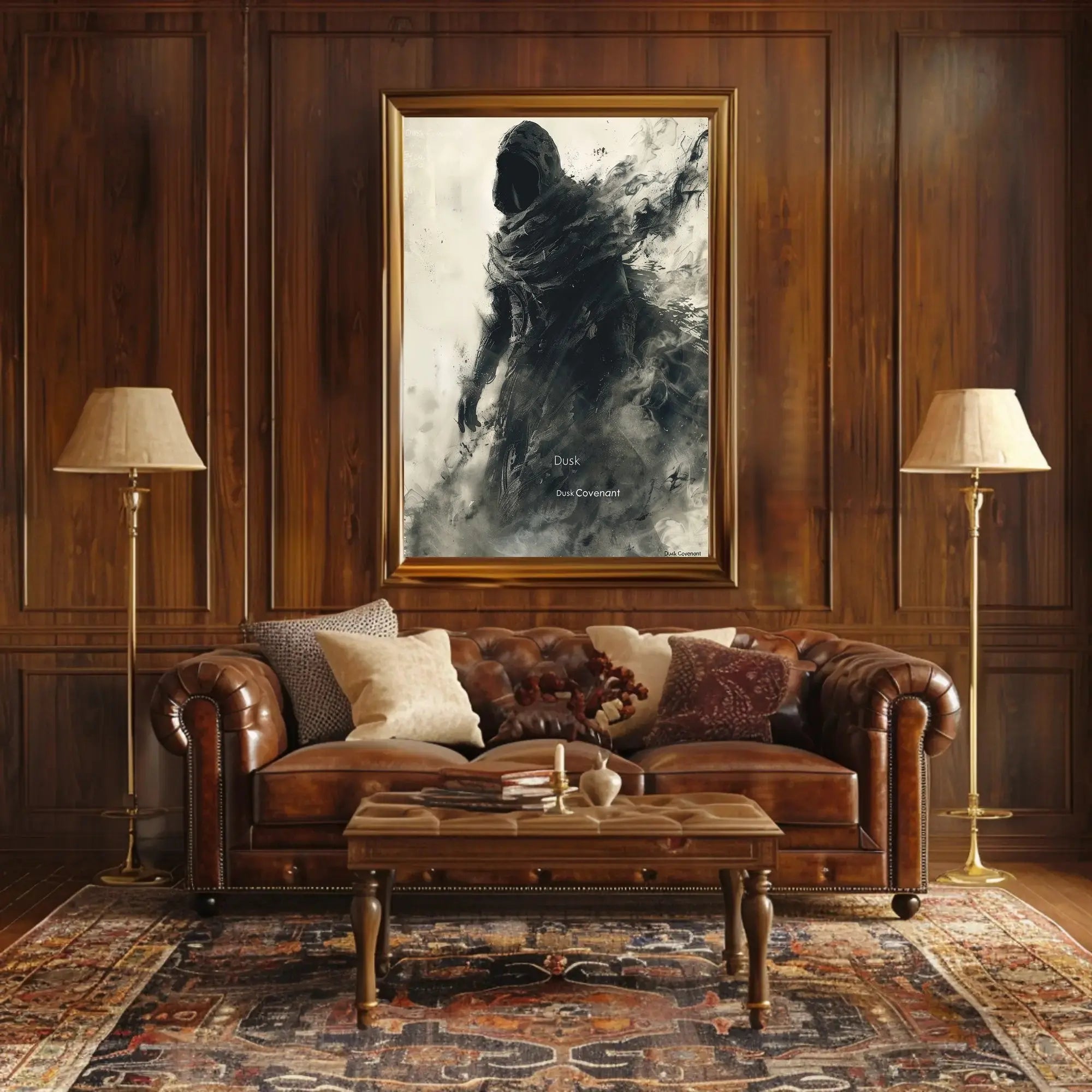 Dusk Covenant: Enigmatic Hooded Figure Art Poster PosterGoat