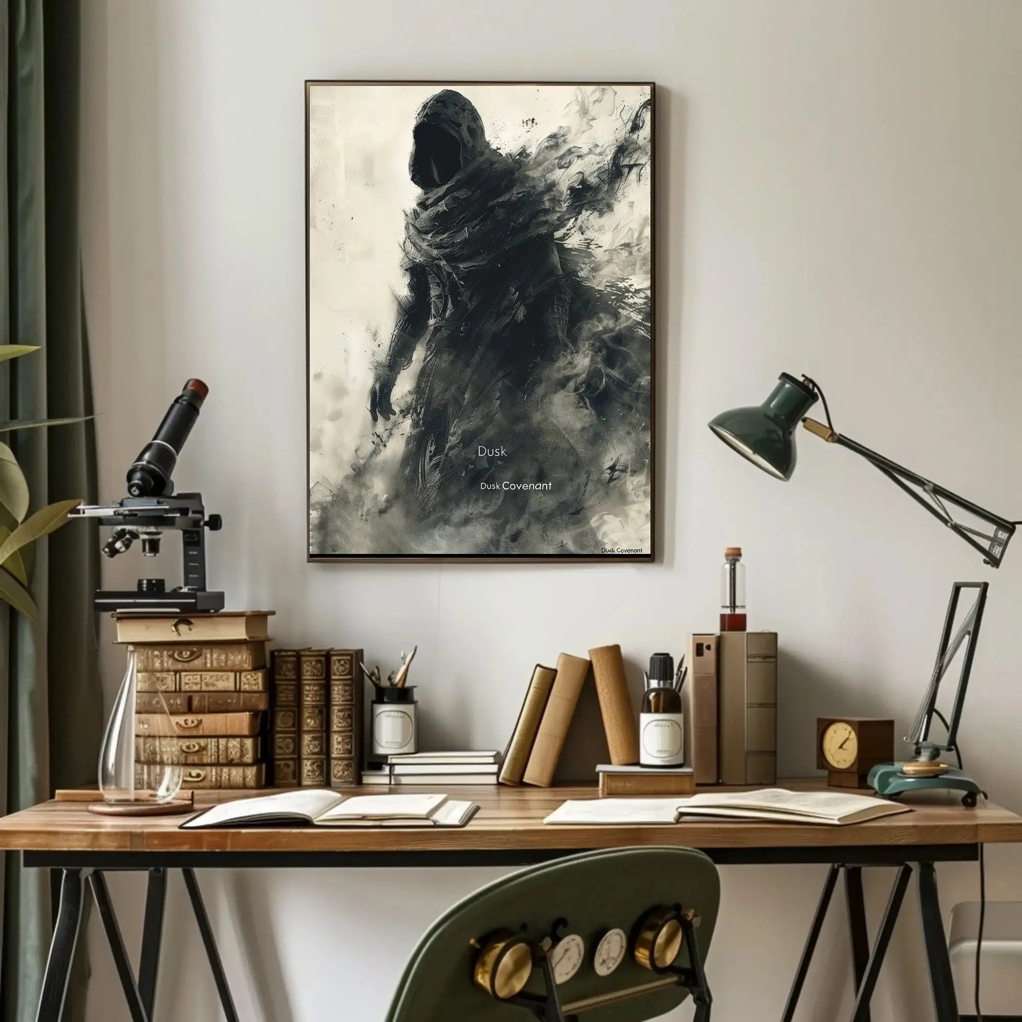 Dusk Covenant: Enigmatic Hooded Figure Art Poster PosterGoat