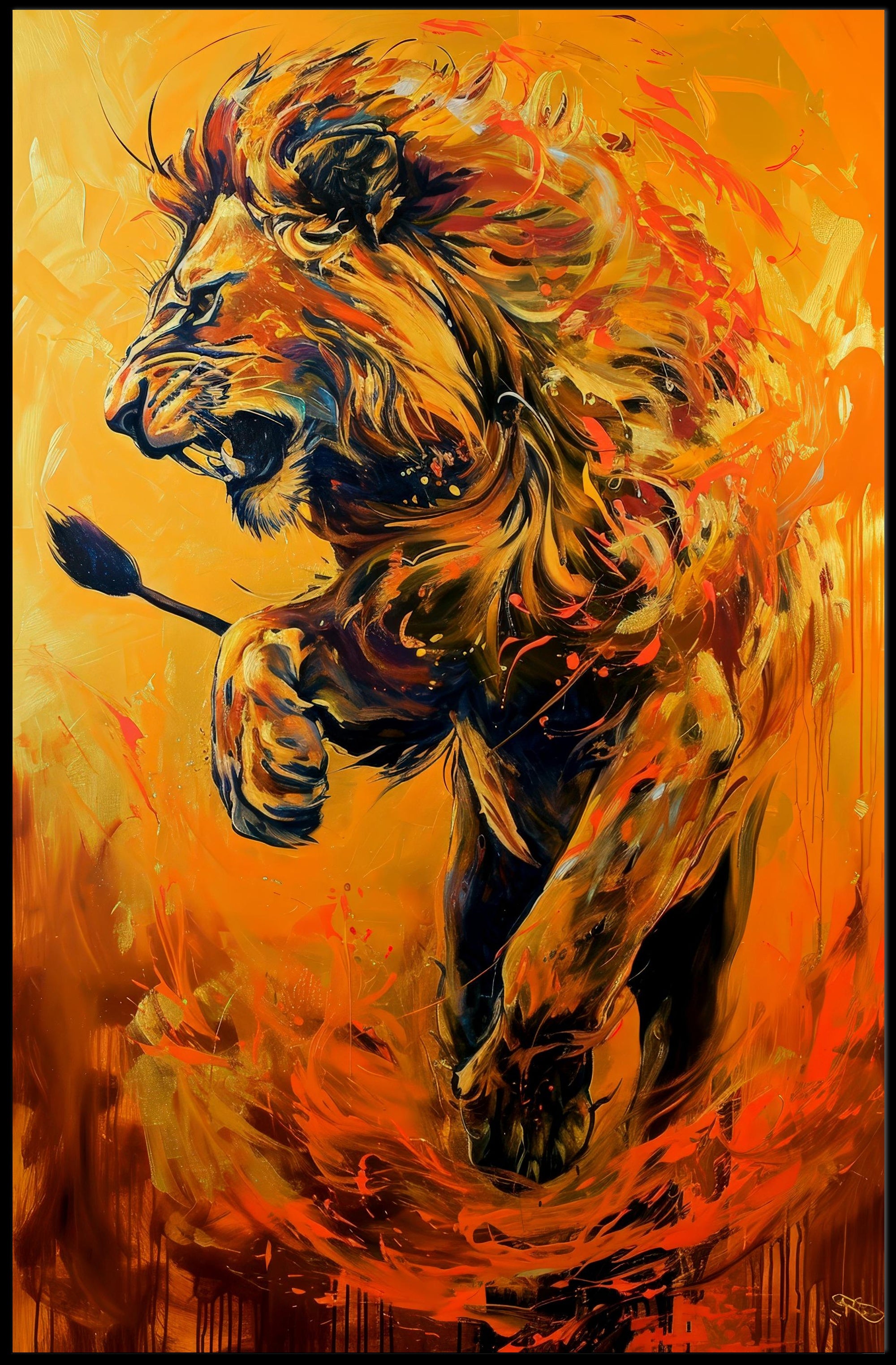 Dynamic Roaring Lion in Vivid Modern Art Animal Poster PosterGoat