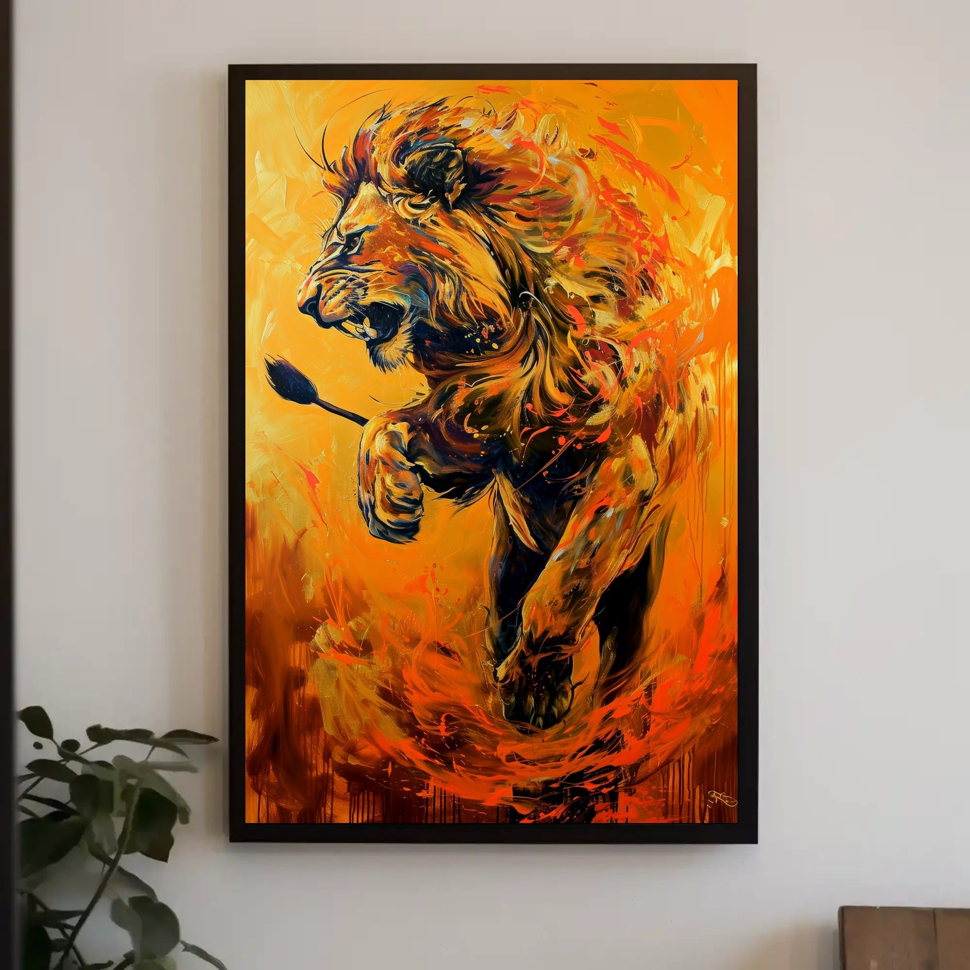 Dynamic Roaring Lion in Vivid Modern Art Animal Poster PosterGoat