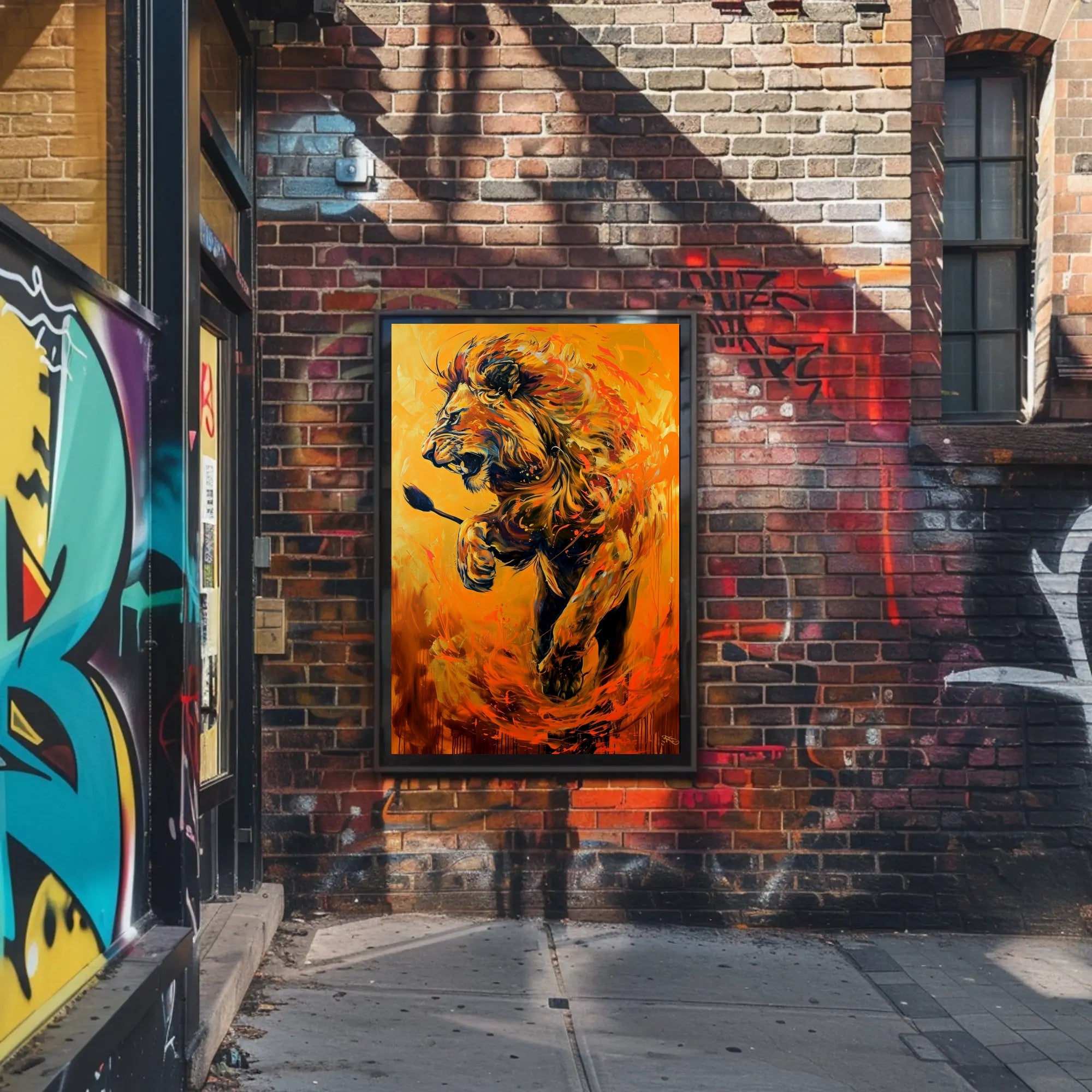 Dynamic Roaring Lion in Vivid Modern Art Animal Poster PosterGoat