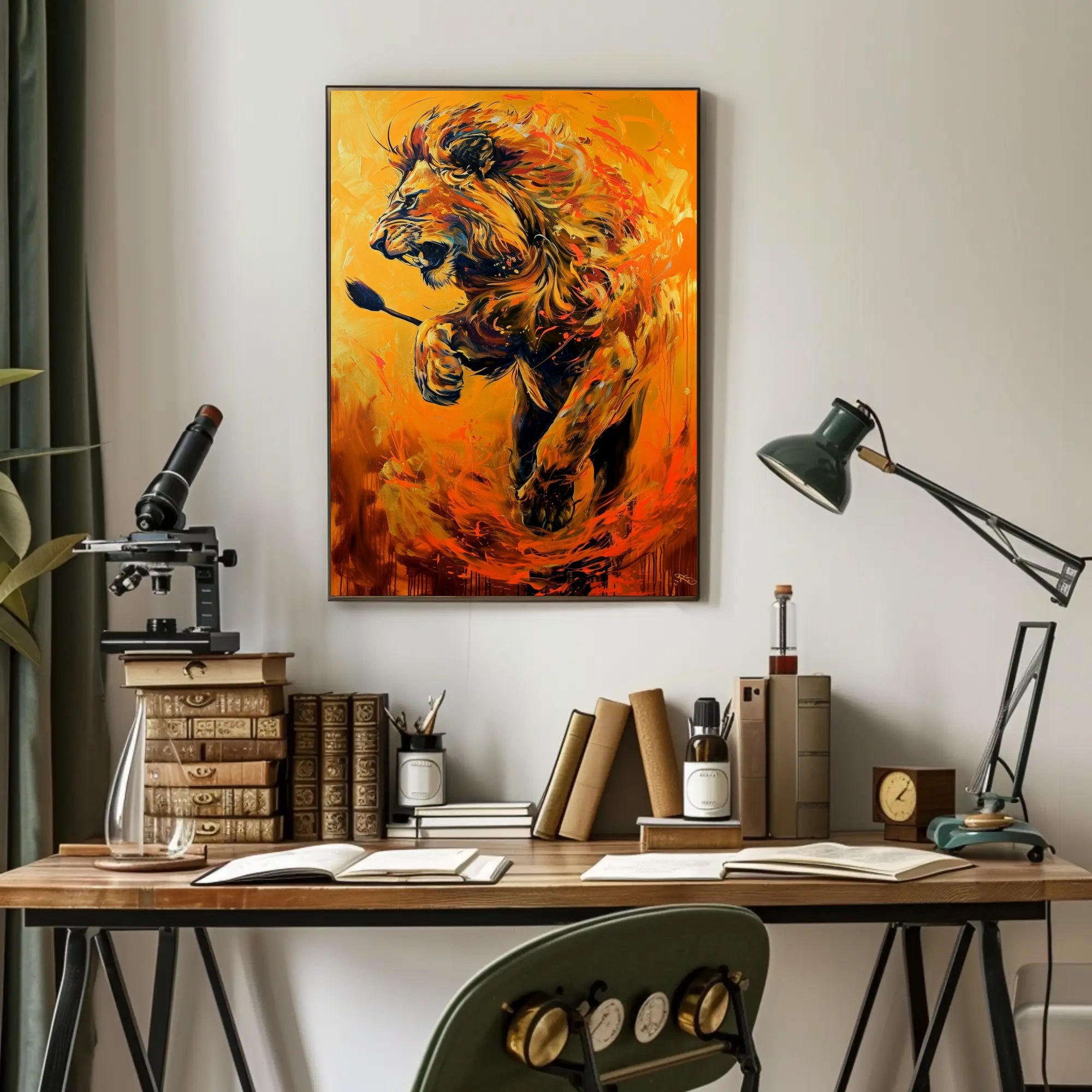 Dynamic Roaring Lion in Vivid Modern Art Animal Poster PosterGoat