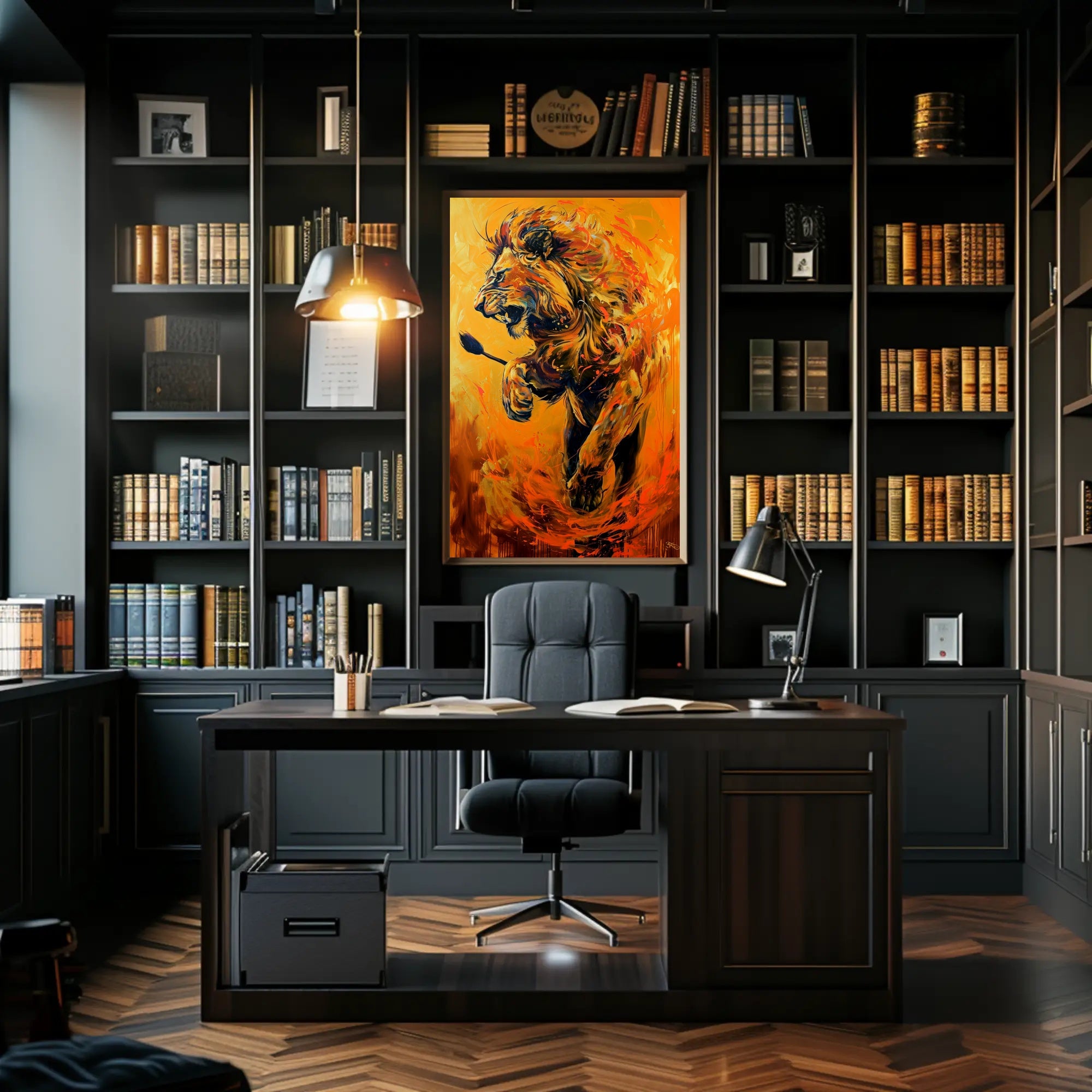 Dynamic Roaring Lion in Vivid Modern Art Animal Poster PosterGoat