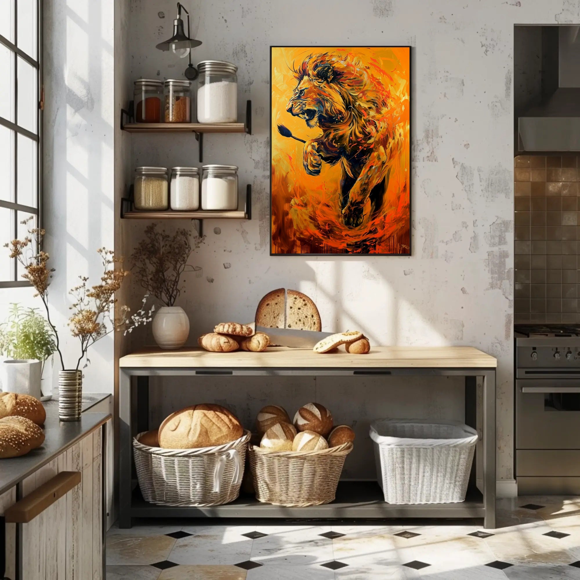 Dynamic Roaring Lion in Vivid Modern Art Animal Poster PosterGoat