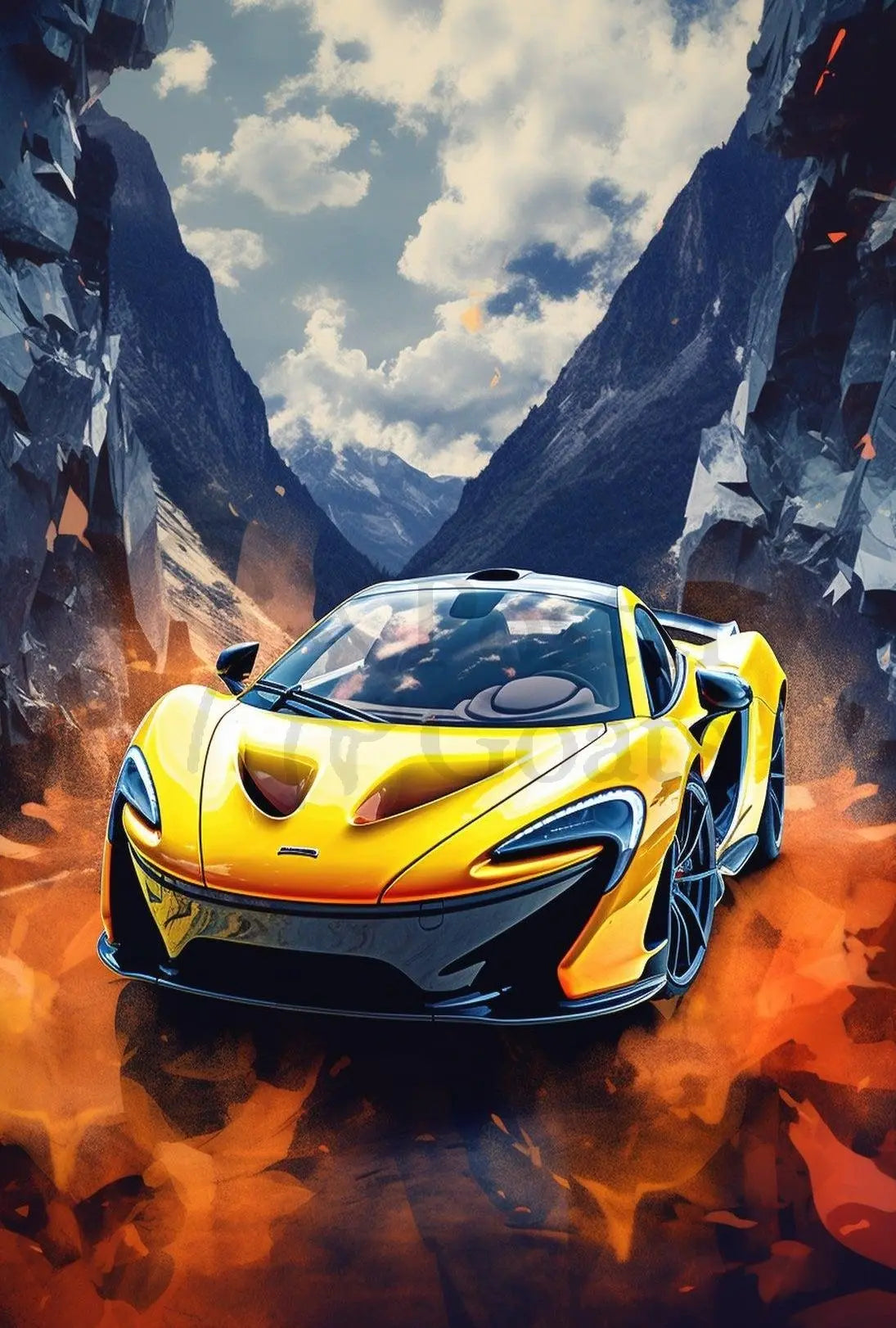 Dynamic Yellow Sports Car in Vibrant Futuristic Sci-Fi Poster PosterGoat