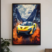 Dynamic Yellow Sports Car in Vibrant Futuristic Sci-Fi Poster PosterGoat