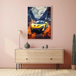 Dynamic Yellow Sports Car in Vibrant Futuristic Sci-Fi Poster PosterGoat
