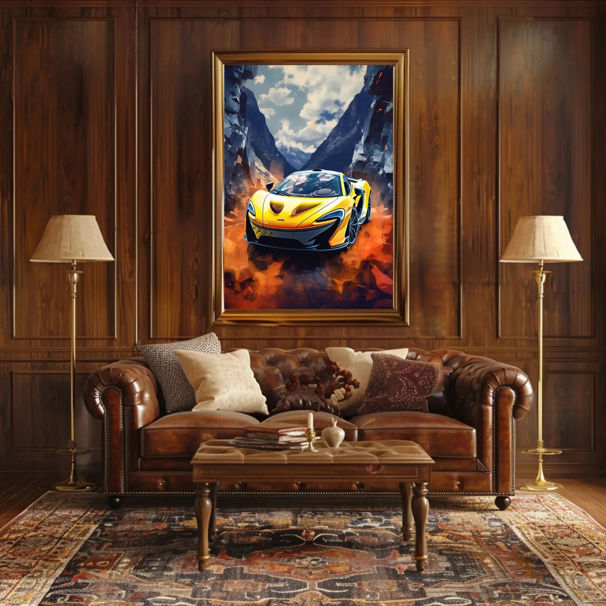 Dynamic Yellow Sports Car in Vibrant Futuristic Sci-Fi Poster PosterGoat