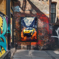 Dynamic Yellow Sports Car in Vibrant Futuristic Sci-Fi Poster PosterGoat