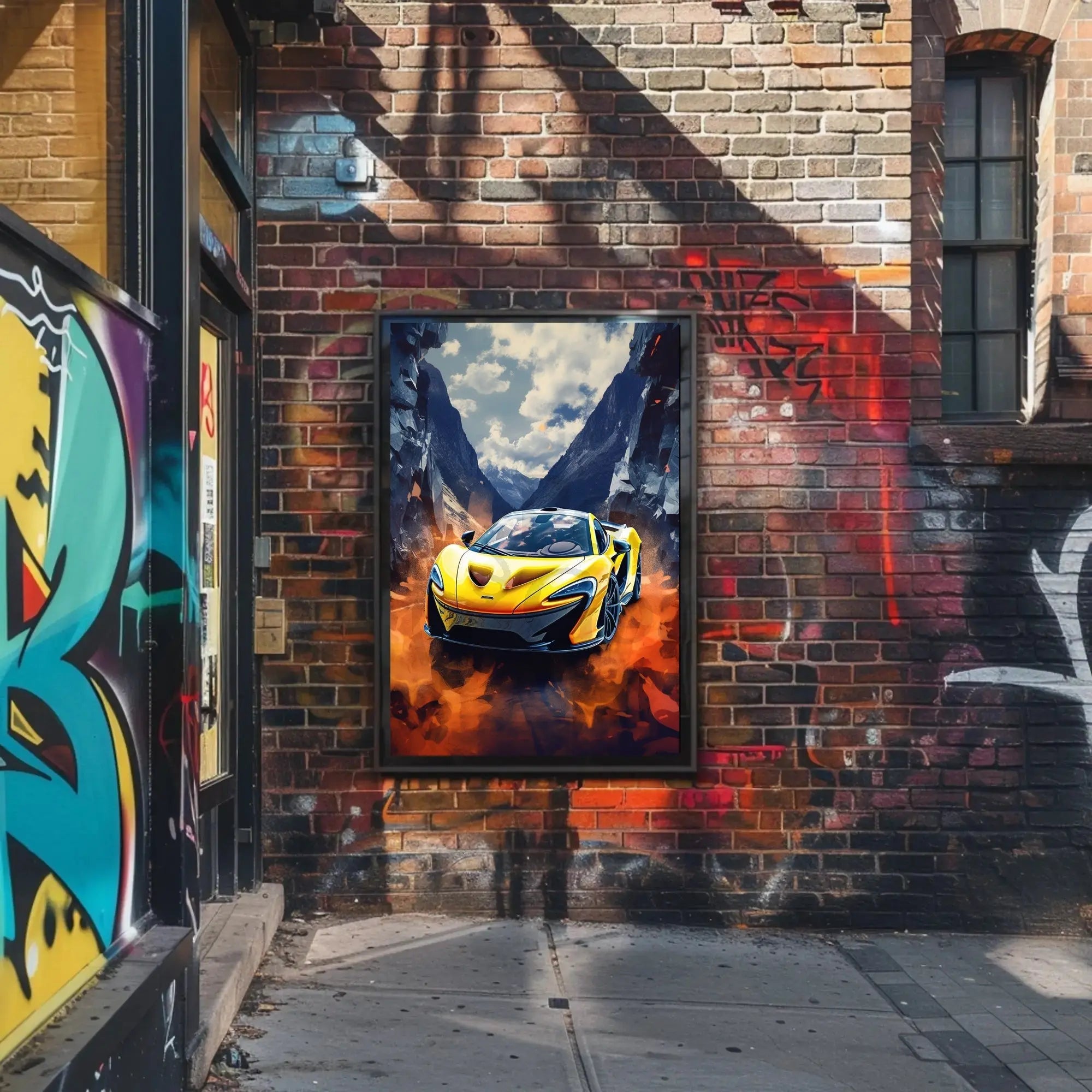 Dynamic Yellow Sports Car in Vibrant Futuristic Sci-Fi Poster PosterGoat