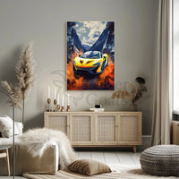 Dynamic Yellow Sports Car in Vibrant Futuristic Sci-Fi Poster PosterGoat