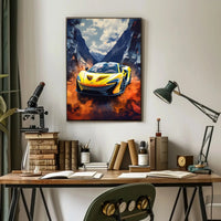Dynamic Yellow Sports Car in Vibrant Futuristic Sci-Fi Poster PosterGoat