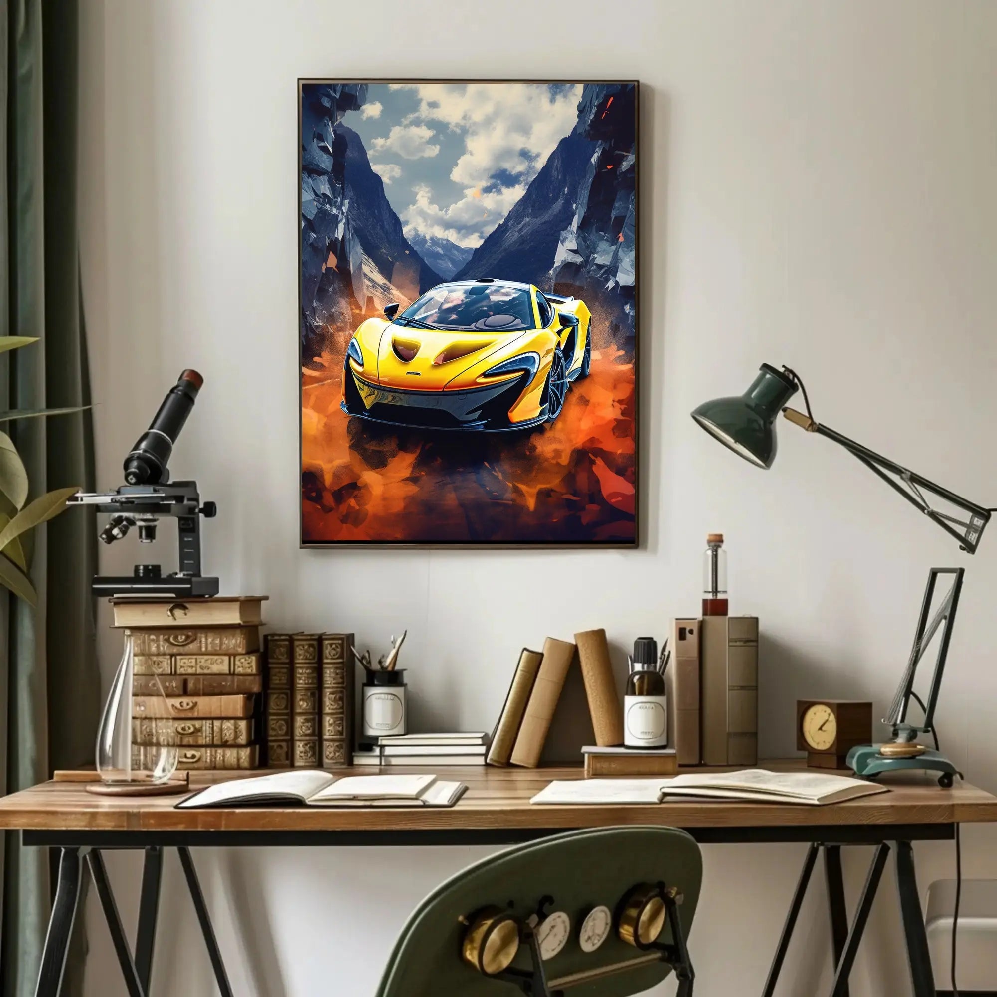 Dynamic Yellow Sports Car in Vibrant Futuristic Sci-Fi Poster PosterGoat