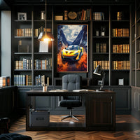 Dynamic Yellow Sports Car in Vibrant Futuristic Sci-Fi Poster PosterGoat