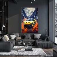 Dynamic Yellow Sports Car in Vibrant Futuristic Sci-Fi Poster PosterGoat