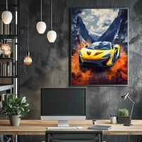 Dynamic Yellow Sports Car in Vibrant Futuristic Sci-Fi Poster PosterGoat