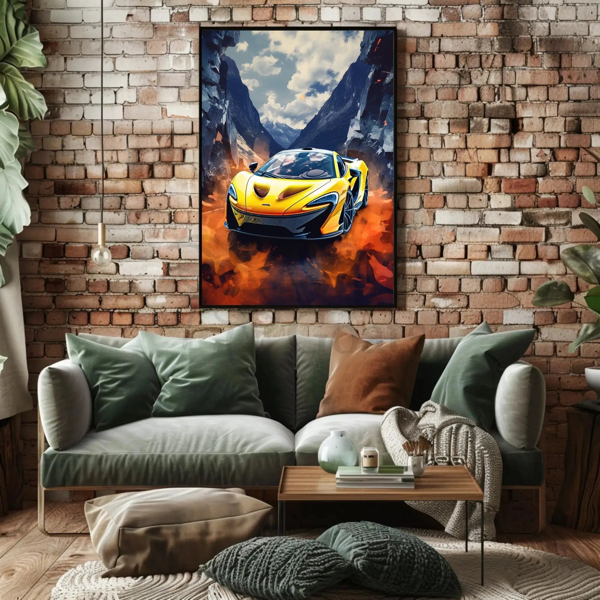 Dynamic Yellow Sports Car in Vibrant Futuristic Sci-Fi Poster PosterGoat