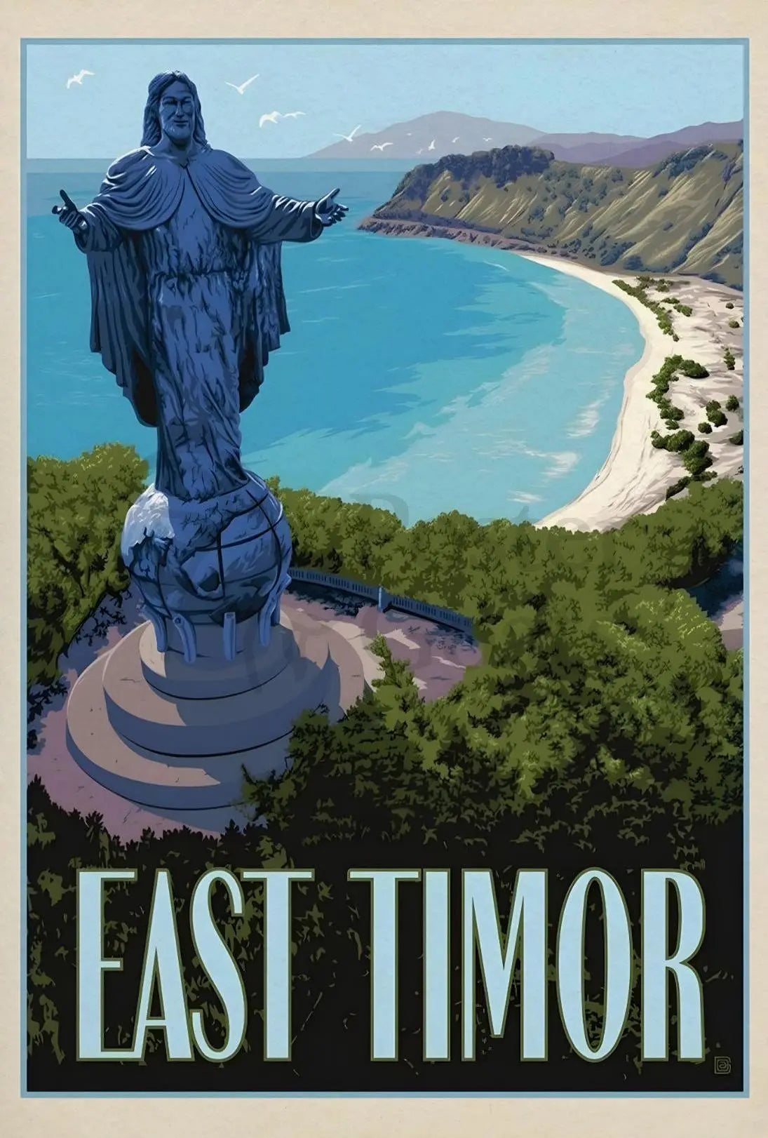 East Timor Coastal Statue Vintage Travel Poster PosterGoat