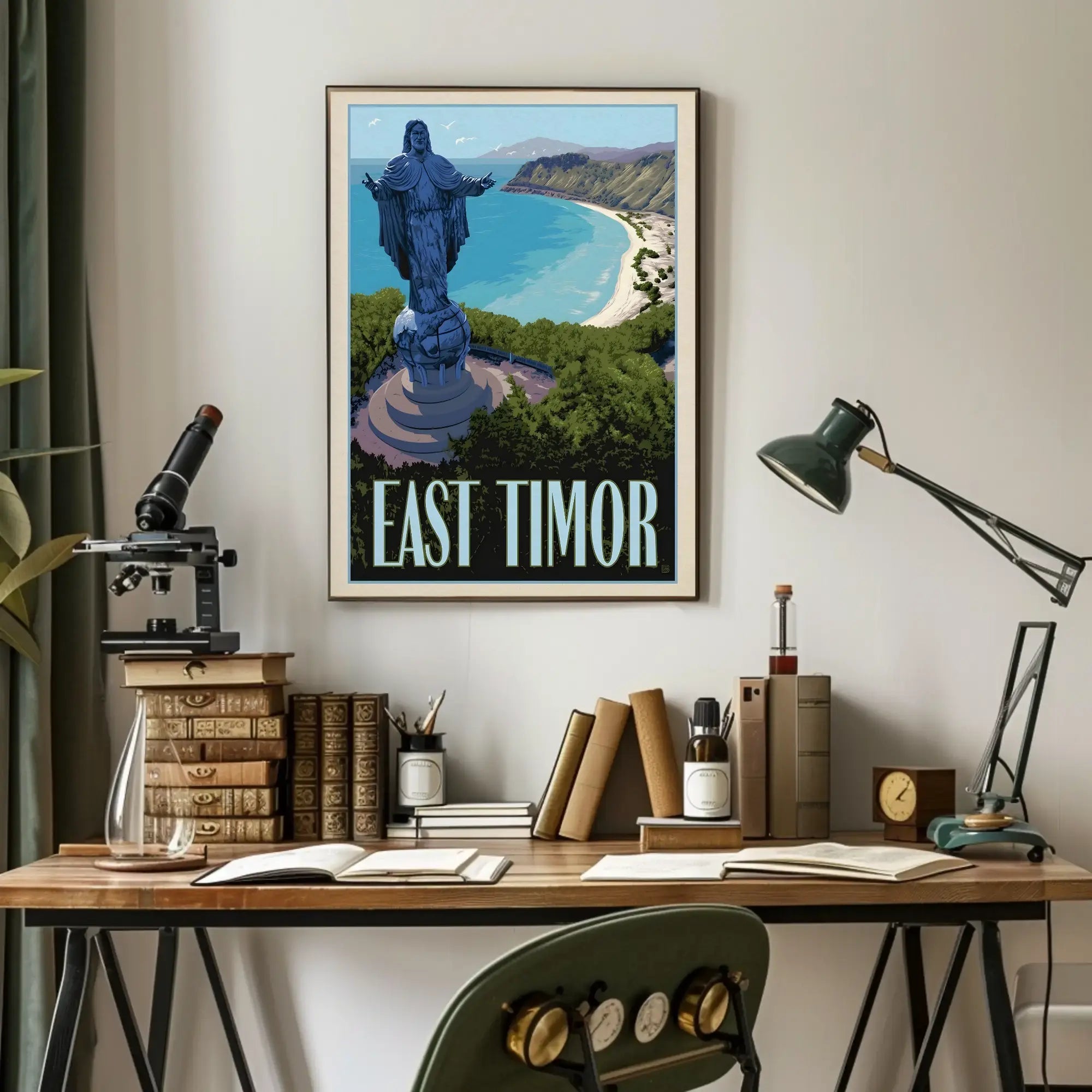 East Timor Coastal Statue Vintage Travel Poster PosterGoat