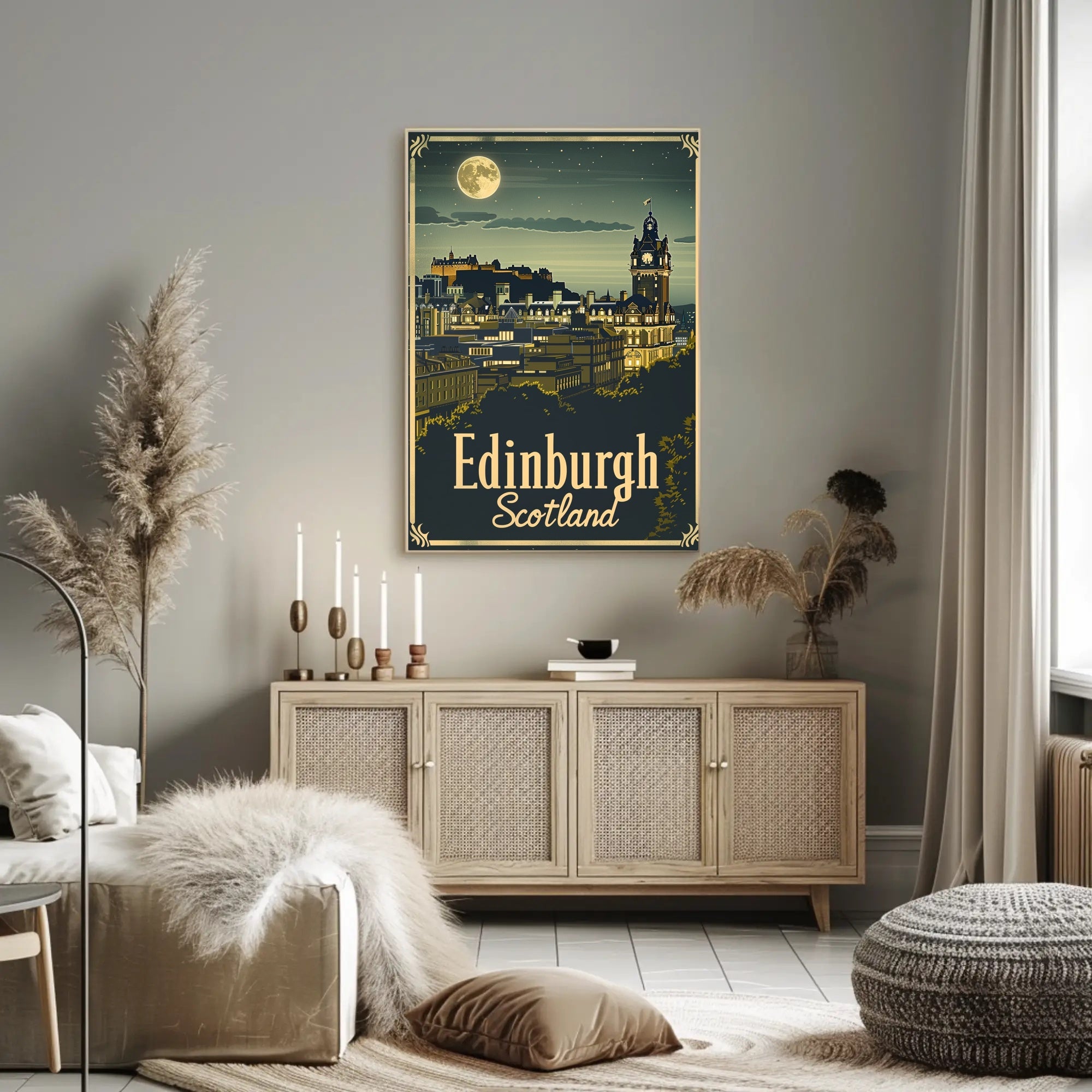 Edinburgh Nightscape Vintage Travel Poster PosterGoat