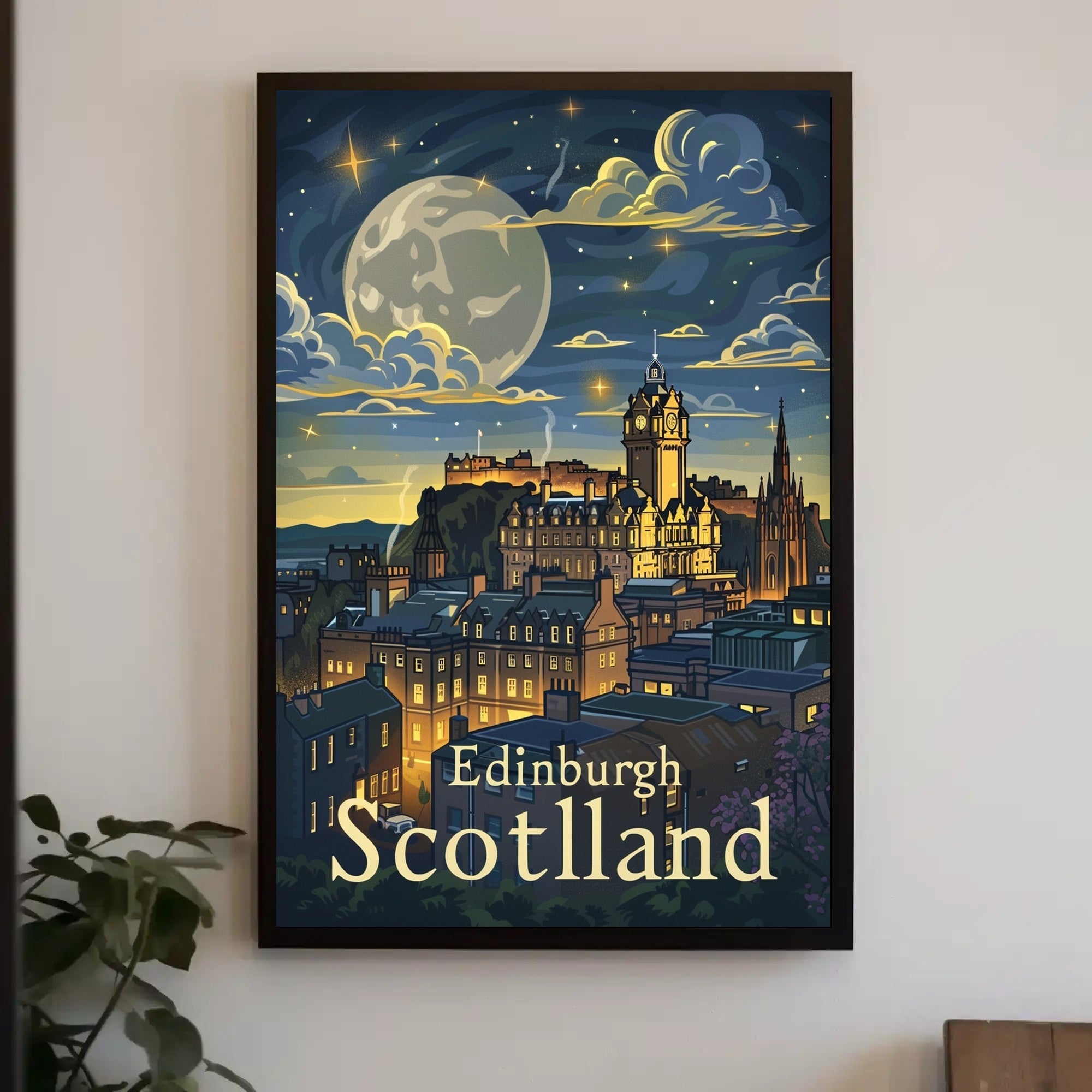 Edinburgh Under Starry Night Modern Urban Cityscape Poster PosterGoat