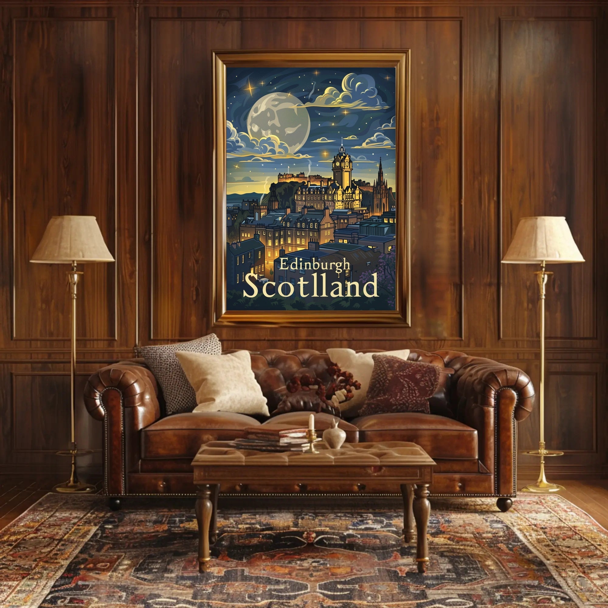 Edinburgh Under Starry Night Modern Urban Cityscape Poster PosterGoat