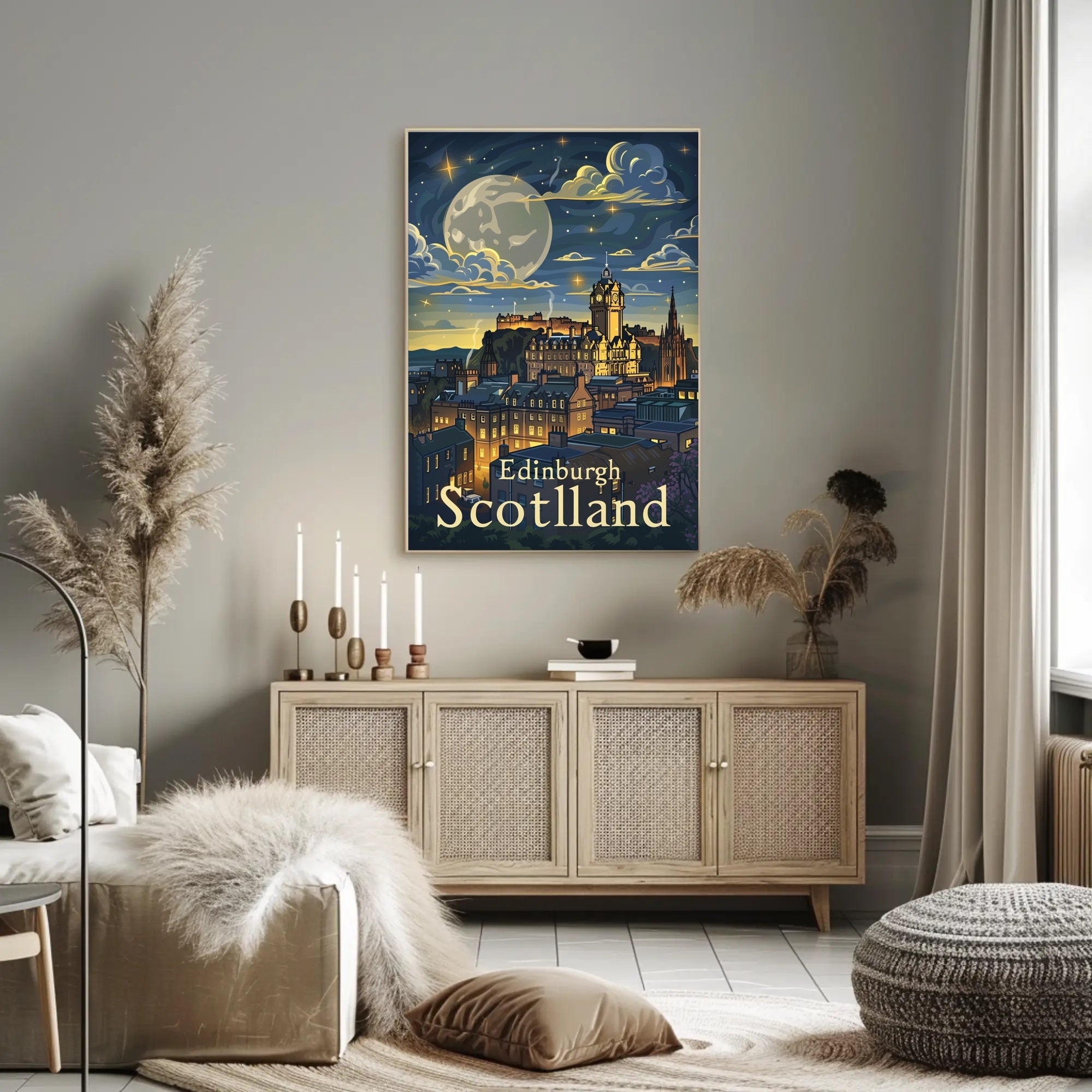 Edinburgh Under Starry Night Modern Urban Cityscape Poster PosterGoat