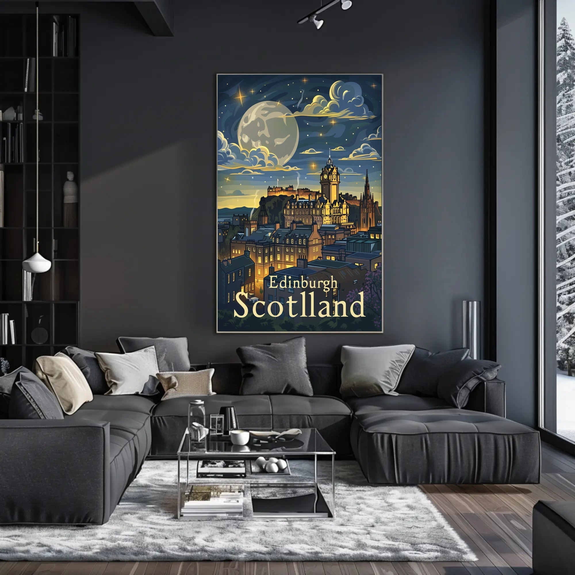 Edinburgh Under Starry Night Modern Urban Cityscape Poster PosterGoat