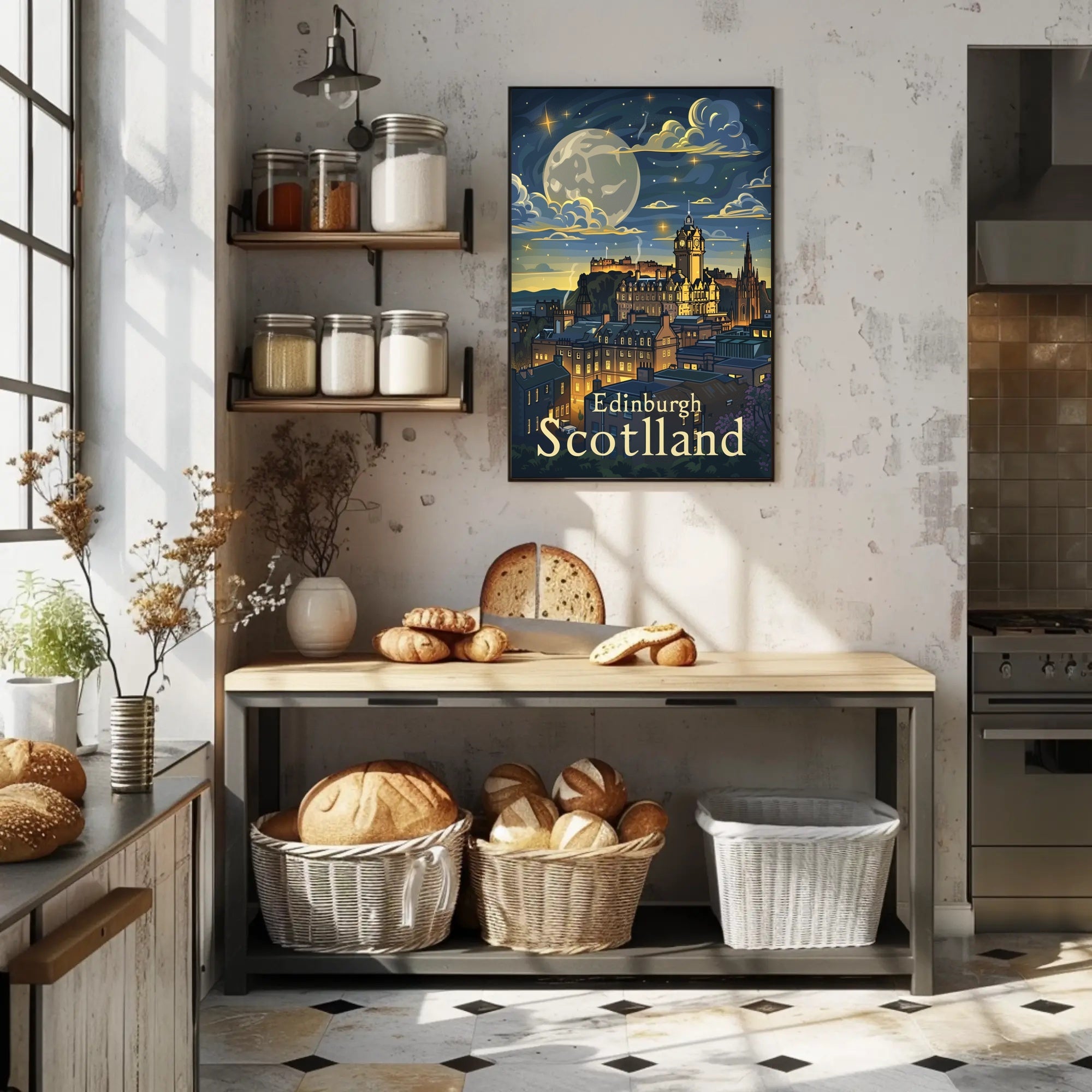 Edinburgh Under Starry Night Modern Urban Cityscape Poster PosterGoat