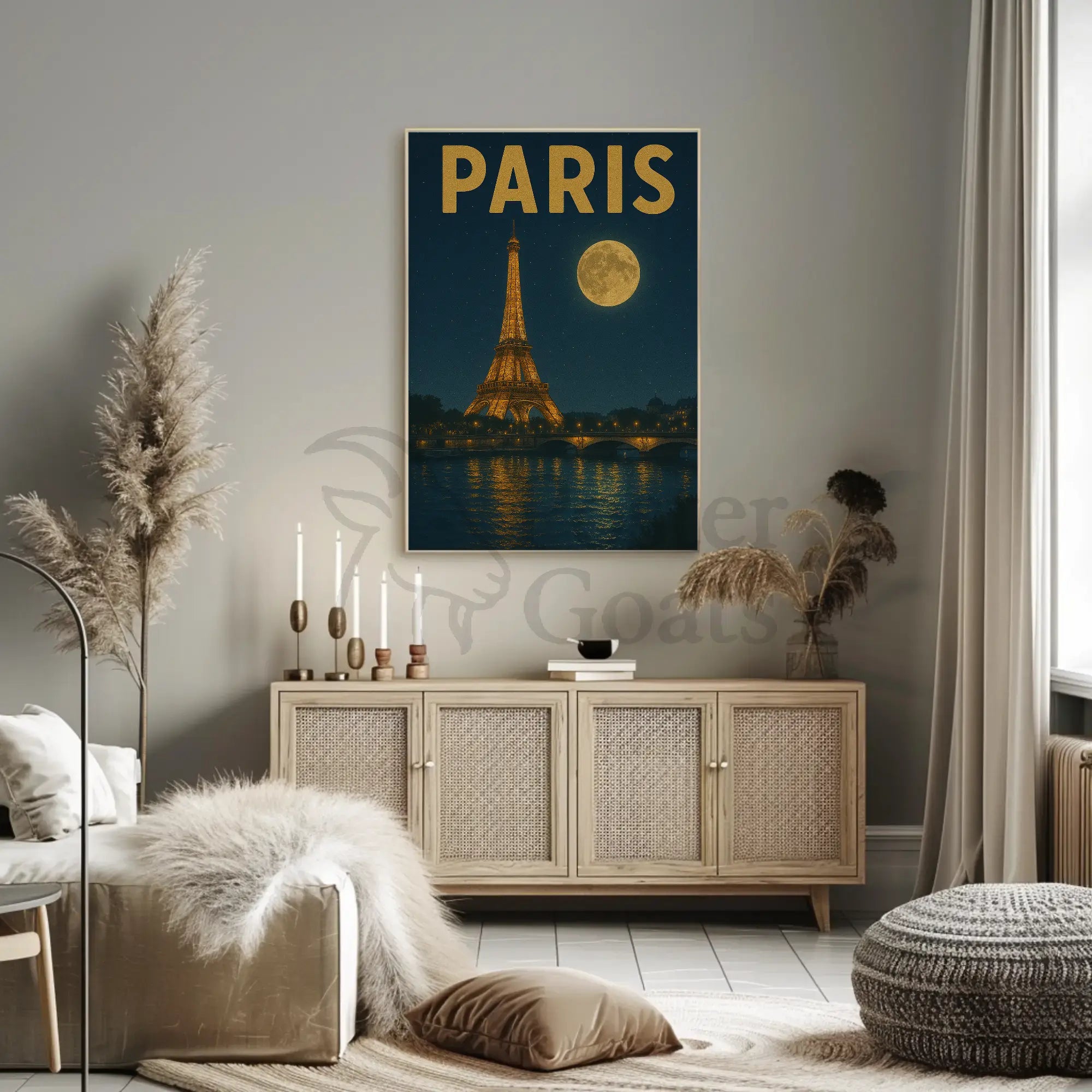 Eiffel Tower Nighttime Scene Vintage Travel Poster PosterGoat