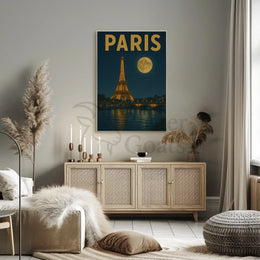 Eiffel Tower Nighttime Scene Vintage Travel Poster PosterGoat