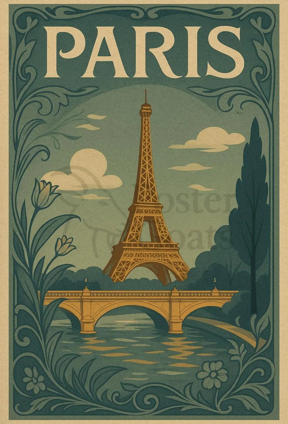 Eiffel Tower Paris Vintage Travel Art Nouveau Poster PosterGoat
