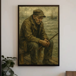 Elderly Fisherman Solitude, Contemplative Realism Artistic Poster PosterGoat