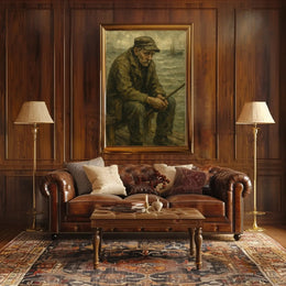 Elderly Fisherman Solitude, Contemplative Realism Artistic Poster PosterGoat