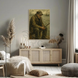Elderly Fisherman Solitude, Contemplative Realism Artistic Poster PosterGoat