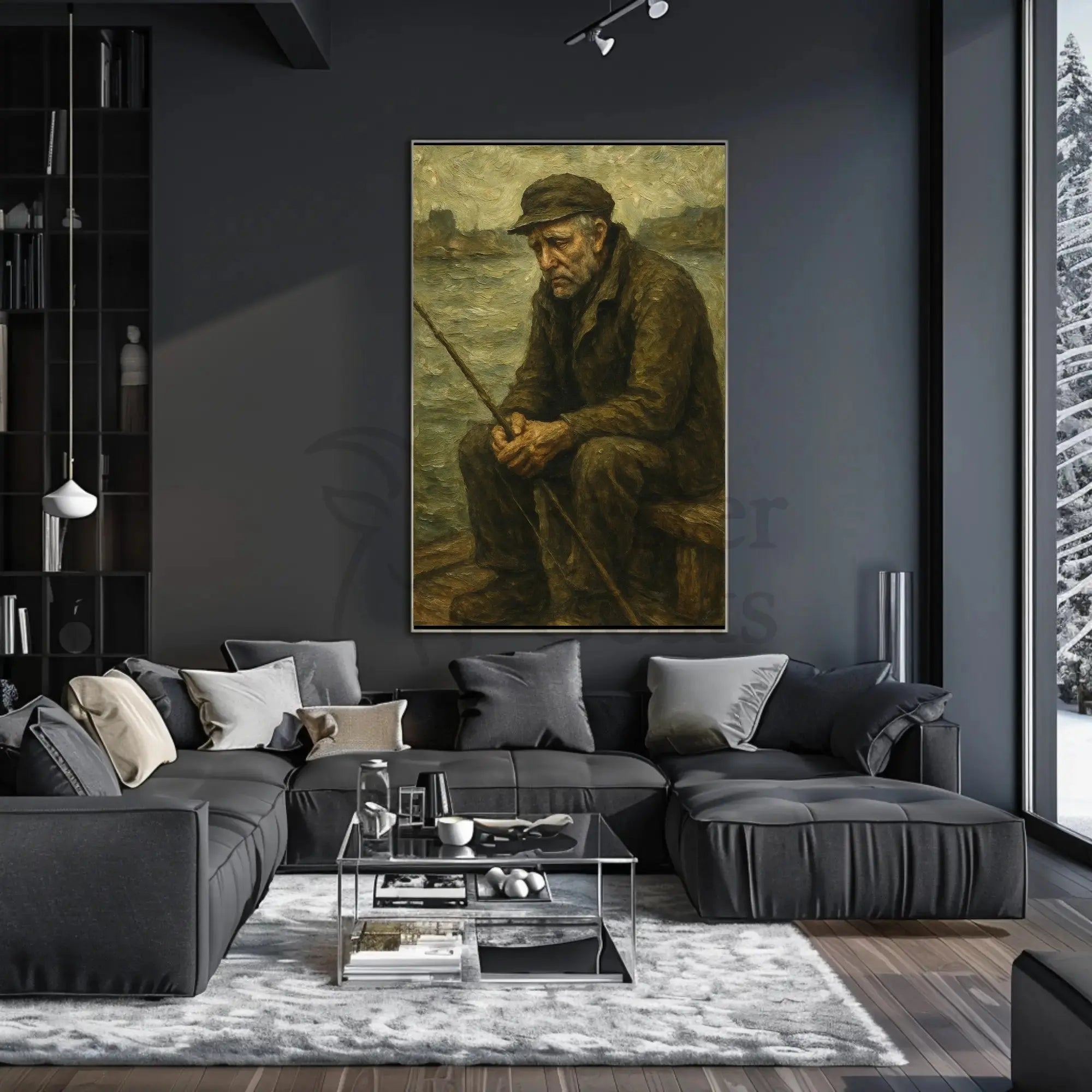 Elderly Fisherman's Contemplative Solitude Artistic Poster PosterGoat