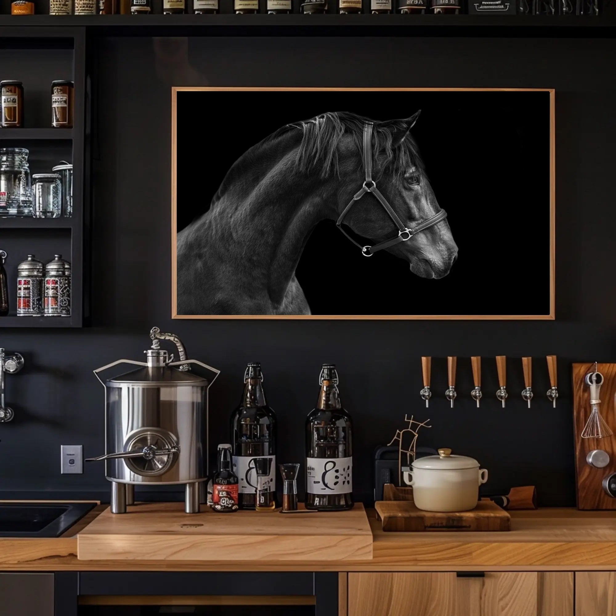 Elegance and Strength: Black and White Horse Animal Poster PosterGoat