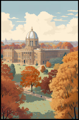 Elegant Autumn Building in Serene Heritage Poster PosterGoat