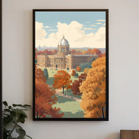 Elegant Autumn Building in Serene Heritage Poster PosterGoat
