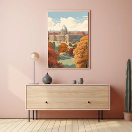 Elegant Autumn Building in Serene Heritage Poster PosterGoat