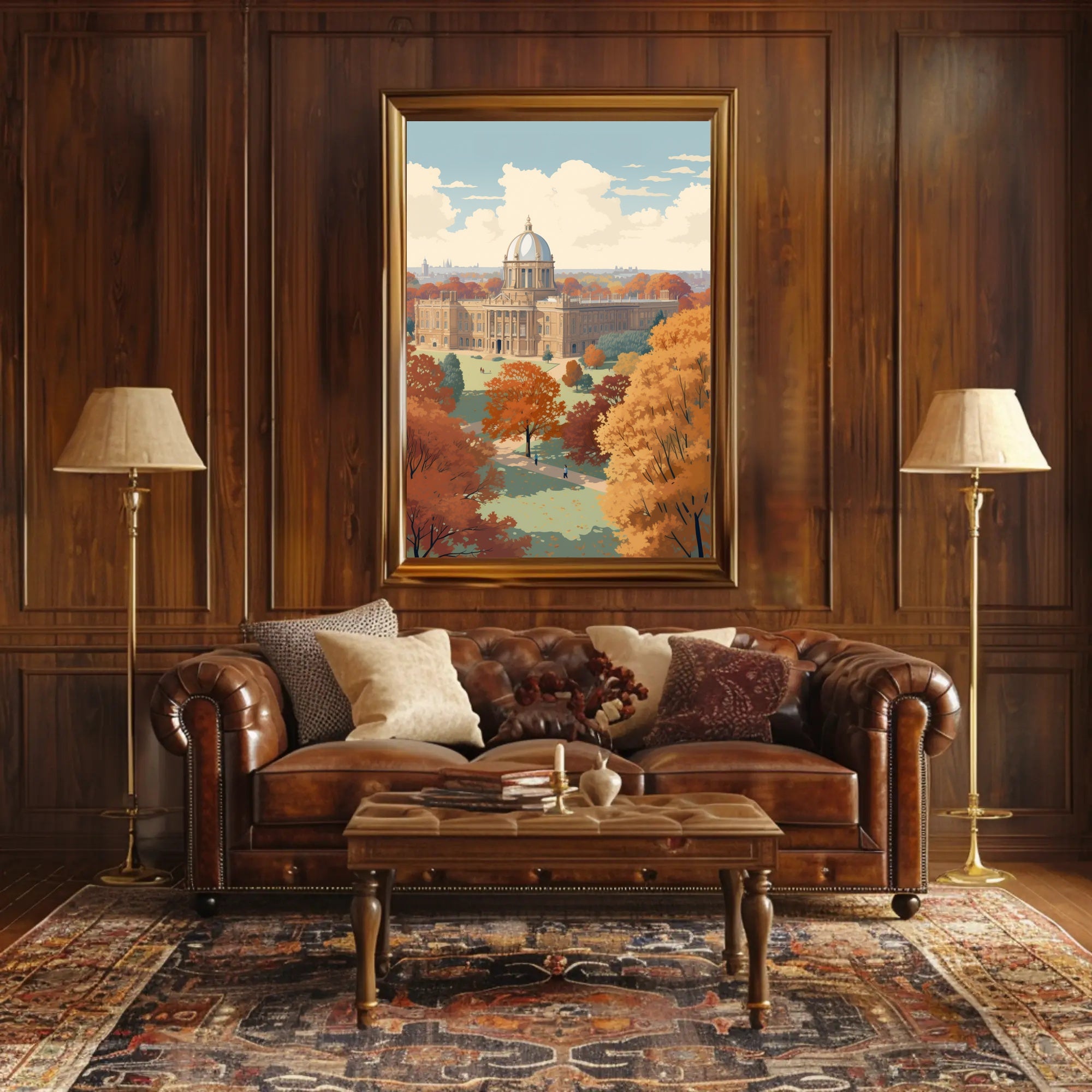 Elegant Autumn Building in Serene Heritage Poster PosterGoat