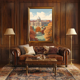 Elegant Autumn Building in Serene Heritage Poster PosterGoat