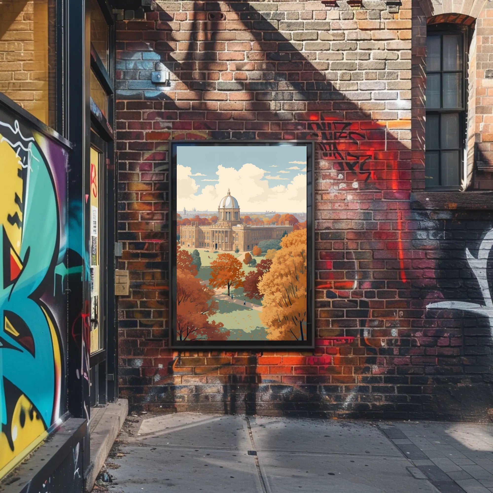 Elegant Autumn Building in Serene Heritage Poster PosterGoat