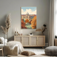 Elegant Autumn Building in Serene Heritage Poster PosterGoat