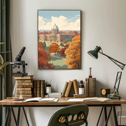 Elegant Autumn Building in Serene Heritage Poster PosterGoat