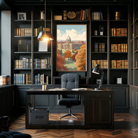 Elegant Autumn Building in Serene Heritage Poster PosterGoat